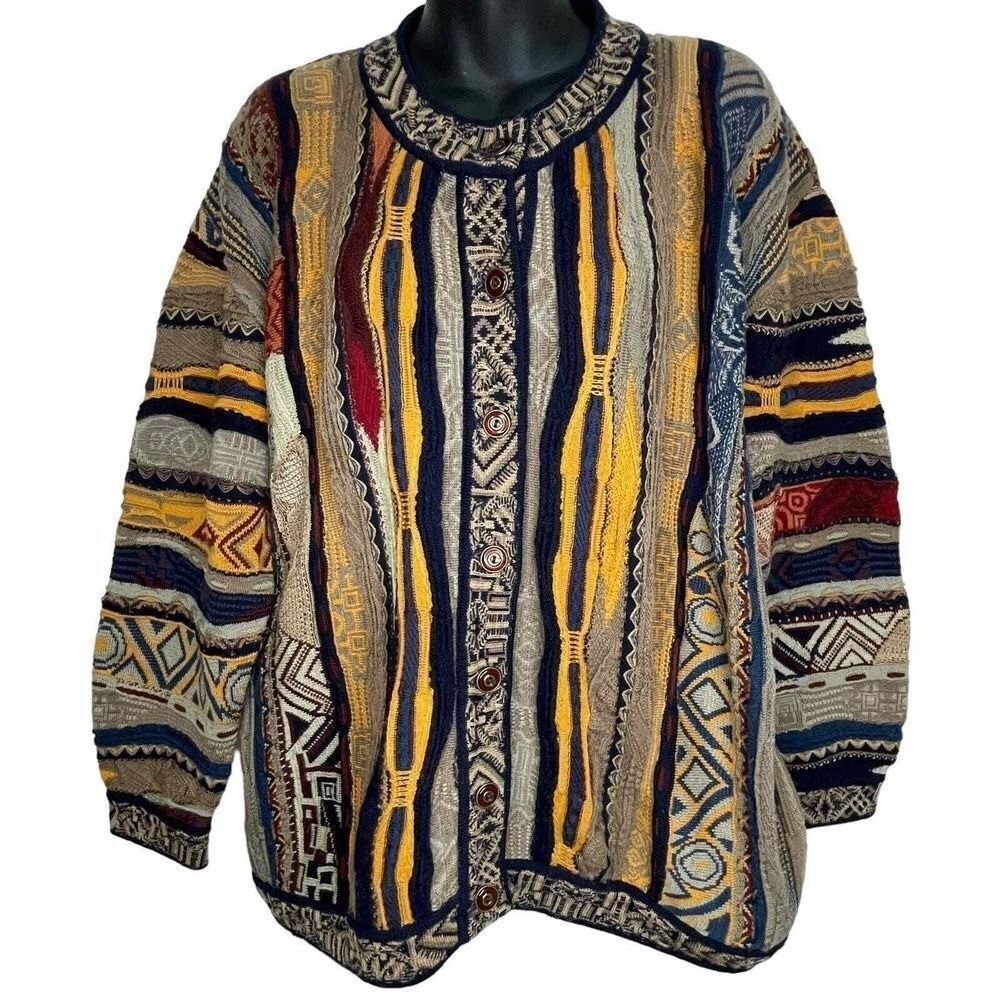 Coogi Australia‎ 3D Textured Knit Wool Cardigan Sweater Multi-Color Medium NWOT